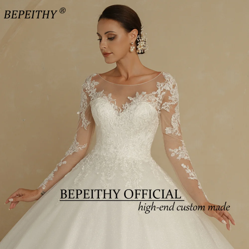 Bepeithy personalizado requintado colher vestido de casamento 2022 para as mulheres mangas completas capela trem vintage caiu renda bola vestido de noiva