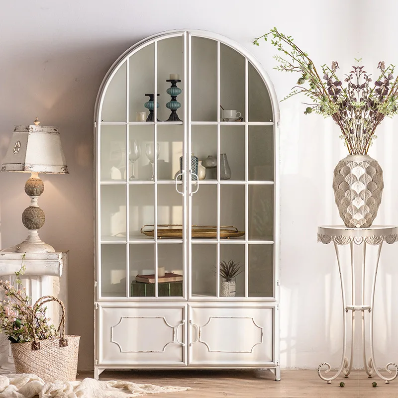 White creative arch storage wine cabinet wrought iron with glass door display bookcase French living room wall sideboard