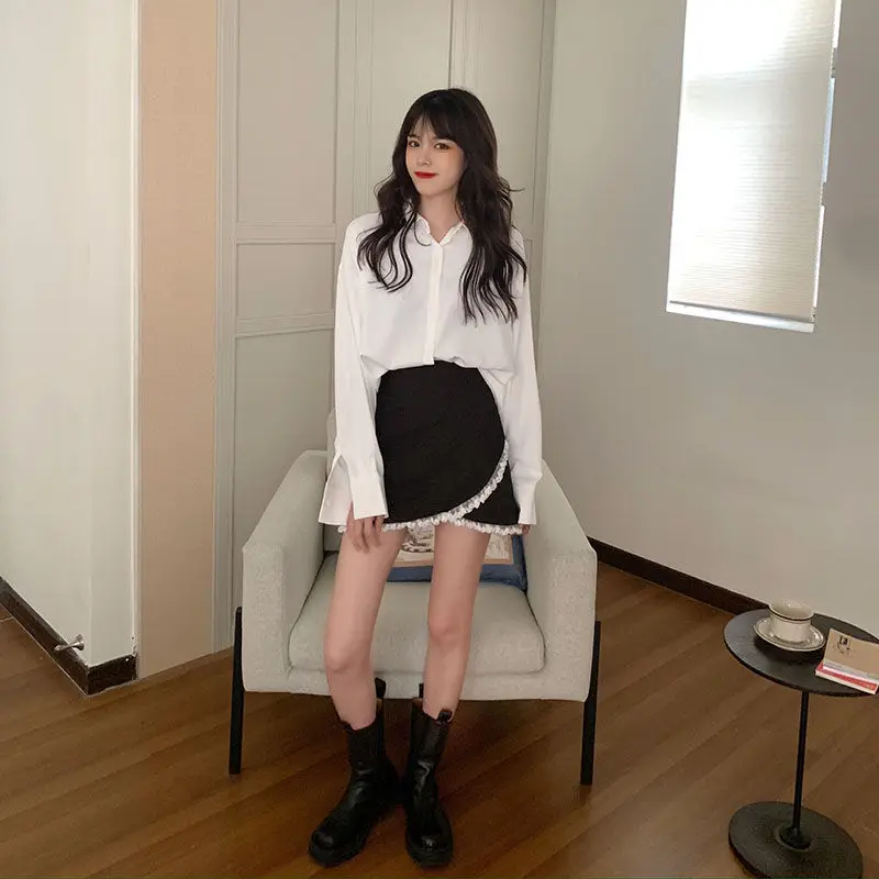 

Long Sleeve Shirts Womens Cotton Ruffled Button Down Tops Lantern Sleeves Pleated Hem Preppy Feminine Minimalist Retro French