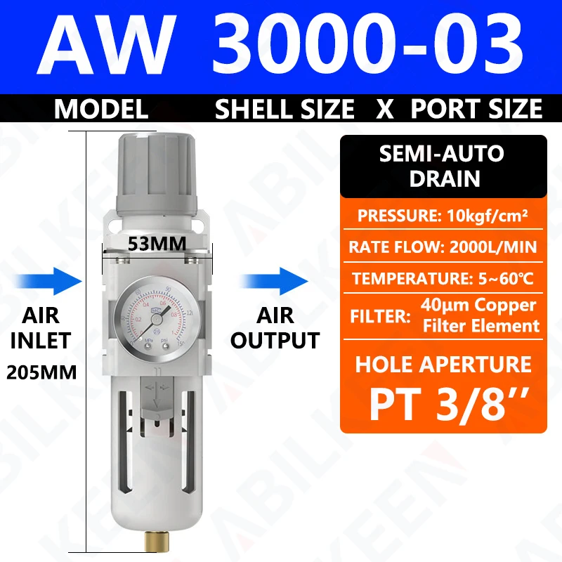 ABILKEEN AW3000-03/AW3000-03D PNEUMATIC Pressure Regulator Filter Auto Drain/Semi-Auto Darin PT3/8 Air Filter 0-150 psi Gauge