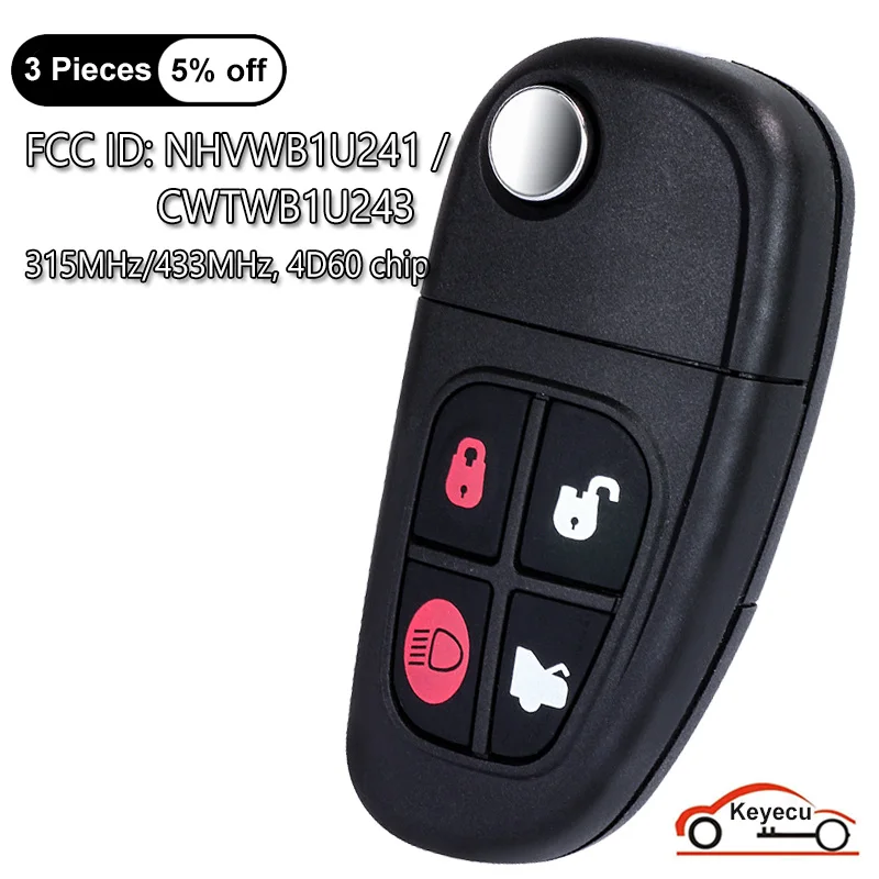 KEYECU 4 Buttons 315MHz 433MHz 4D60 Chip for Jaguar X-Type S-Type XJ XJR Auto Flip Remote Control Key Fob NHVWB1U241, CWTWB1U243