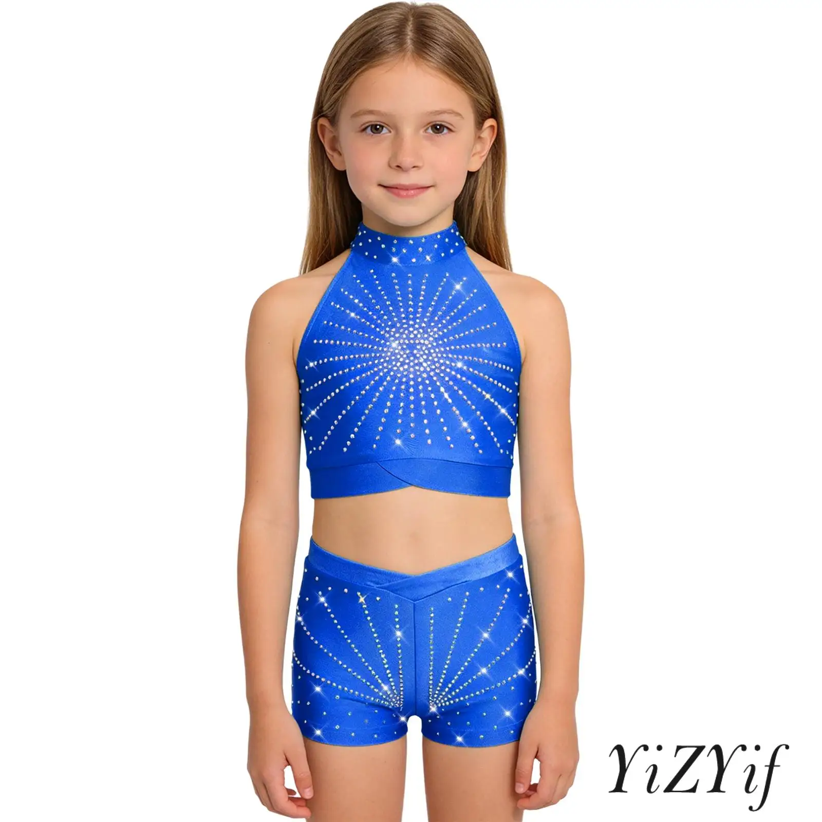 

Kids Girls Ballet Dance Costume Sleeveless Cutout Back Sparkling Rhinestone Crop Top with Shorts Set Gymnastics Dance Clothing