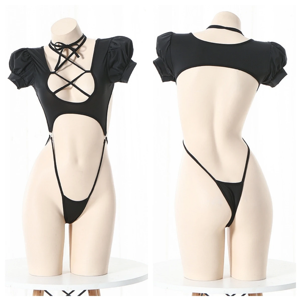 

Anime Puff Sleeve Black One-piece Swimsuit Dress Cross Straps Bodysuit Swimwear Uniform Pool Party Cosplay for Girl