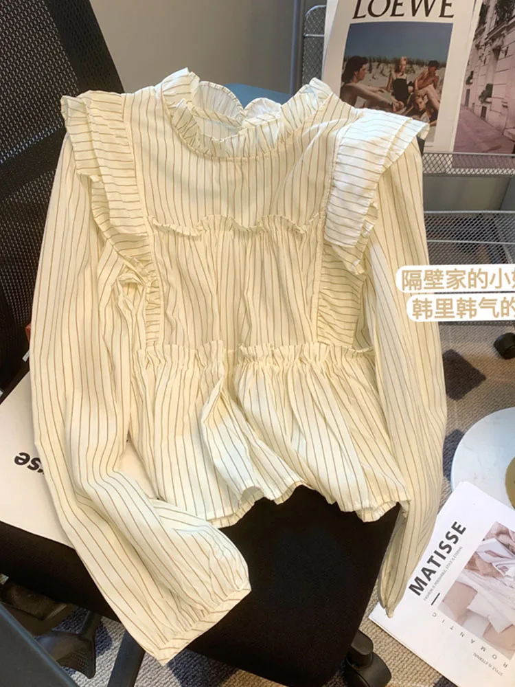 

Korean Style Fashion Ruffled Long Sleeve Blouses Women Sweet Elegant Loose Cozy Crop Top Autumn 2024 New Striped Design Shirts