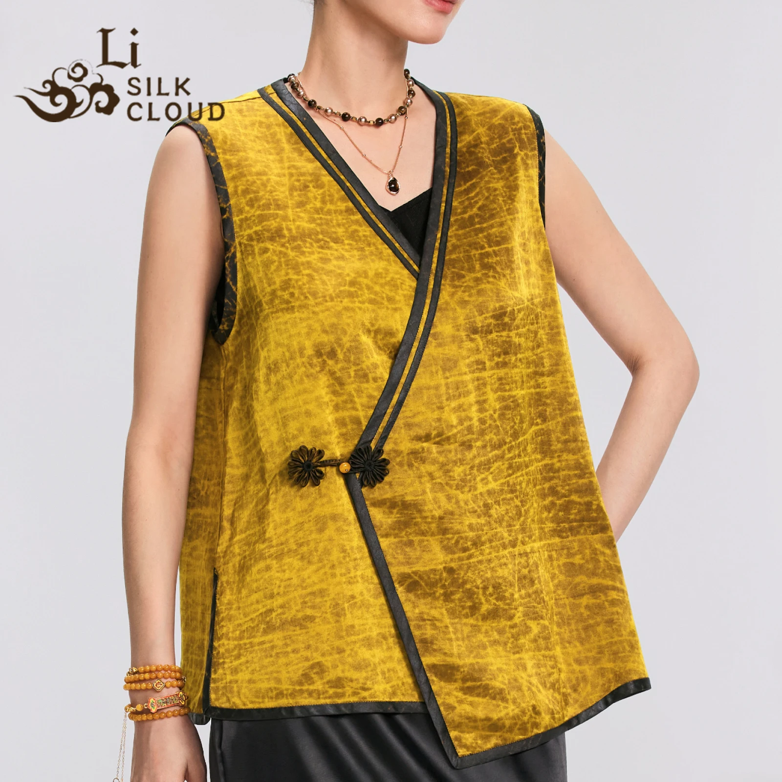 LI SILK CLOUD Xiangyunsha Gold Vest ， -Chinese Style Turtle Crack Pattern,  Traditional Silk Fabric