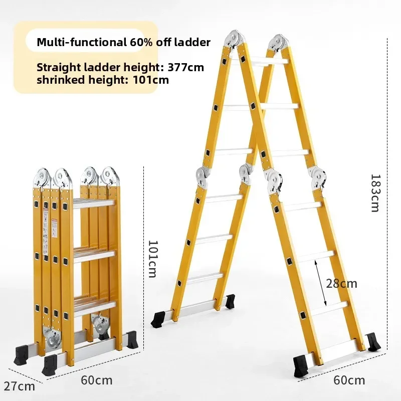 Thickened Multifunctional Iron-aluminum Combined Folding Herringbone Ladder Four-fold Telescopic Ladder Joint Ladder