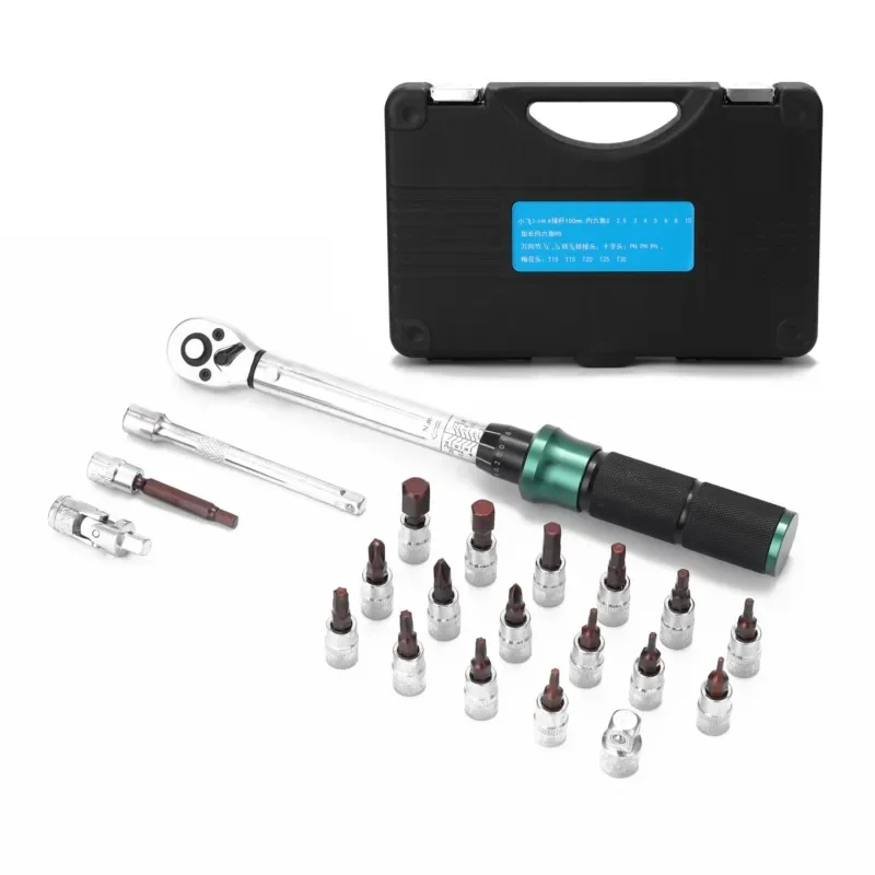 Bicycle Motorcycle Ratchet Repair Toolbox Kit 1/4'' Drive 2-24N.m Precise Double Scale Torque Wrench Set MTB Bike Socket Spanner