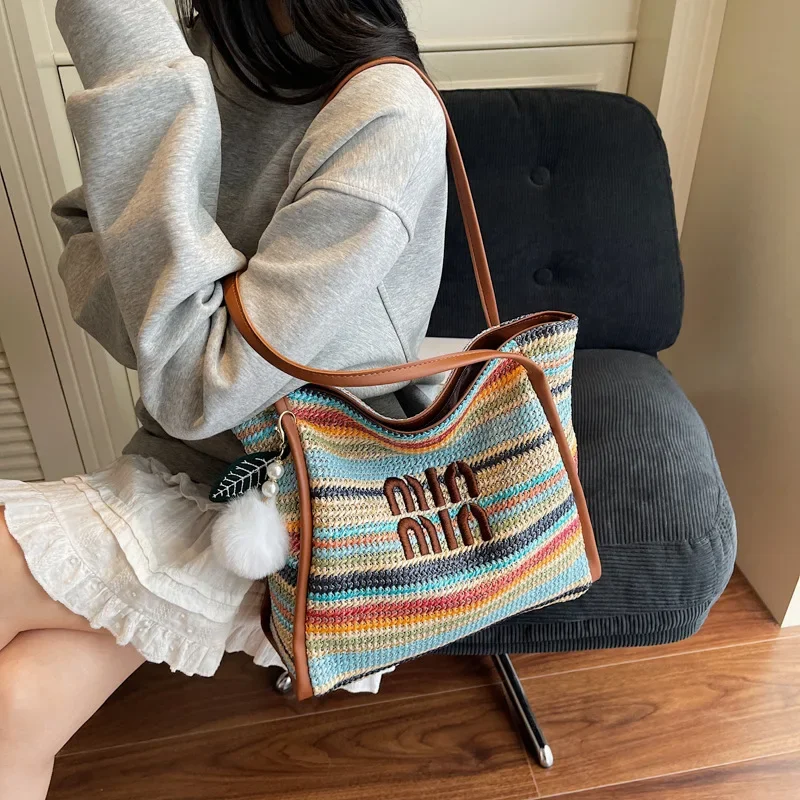 

2025 New! Women's Early Spring Large-Capacity Woven Tote - Fashionable Rainbow Trend, Korean Style, Underarm Bag