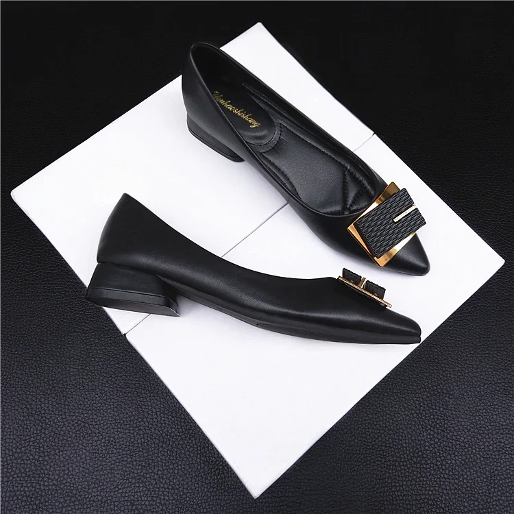 Coarse heel women's pointed 2024 new four-season square buckle flat lady medium heel light mouth shoes 5683