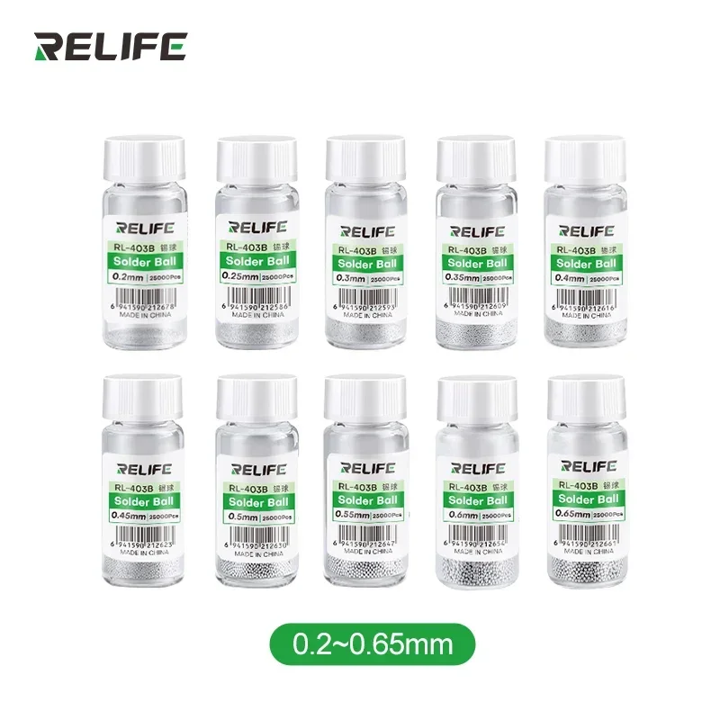 

RELIFE RL-403B Reballing Balls 0.2 0.25 0.3 0.35 0.4 0.45 0.5 0.55 0.6 0.65mm For IC Chip BGA Rework Repair Solder Balls