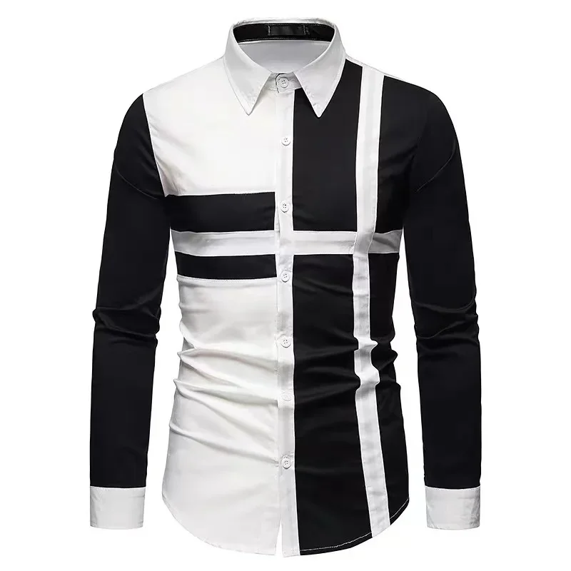 

Men's Black and White Classic Casual Plaid Striped Patchwork Shirt Button Button Lapel Pocketless Soft Comfortable Men's Top 6XL
