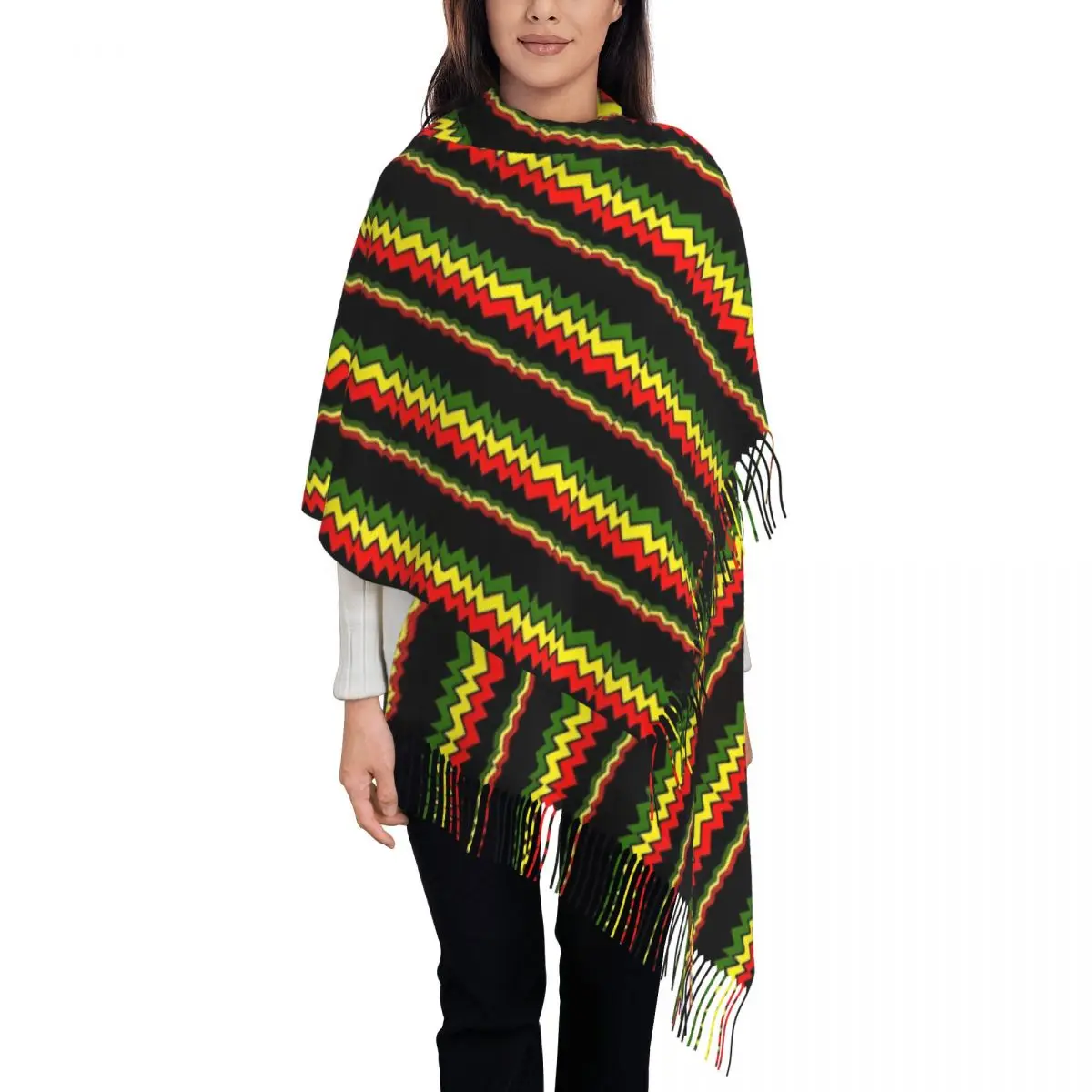

Womens Scarf with Tassel Irregular Reggae Roots Long Soft Warm Shawl and Wrap Rasta Gifts Cashmere Scarf