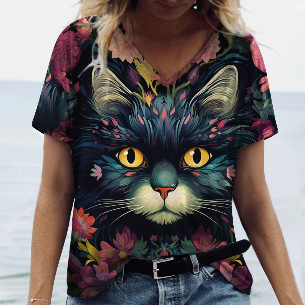 Camiseta con cuello en V para mujer, en 3d camisa con estampado de animales, camisetas divertidas de verano para mujer, ropa informal de gran tamaño