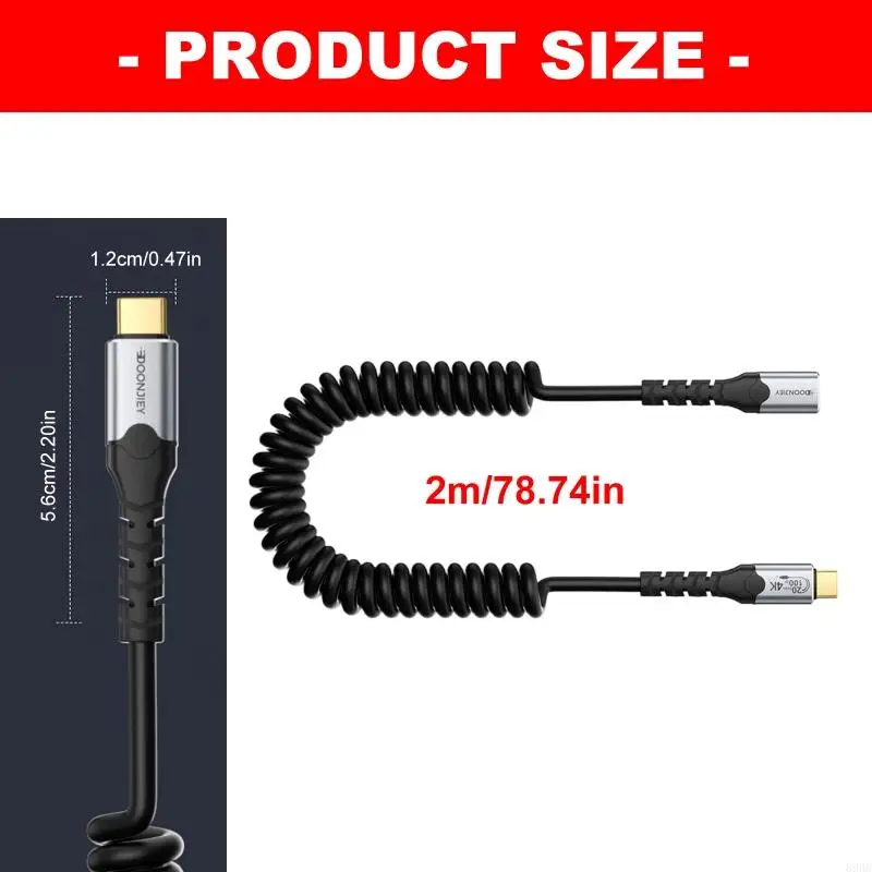 Spring Type C Charging Cable 100W 20Gbps, 60Hz Video Output, 2 M Coiled Wire for Daily Desk and Travel Routing 896C