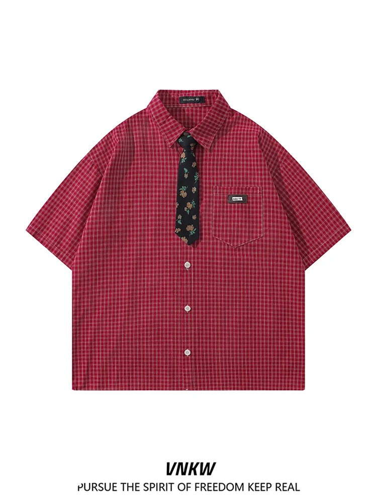 Vnkw Retro Japanese Plaid Tie ort Sve Loose Fit Casual Collar Open Cardigan irt ex Youth Spring Cotton irt