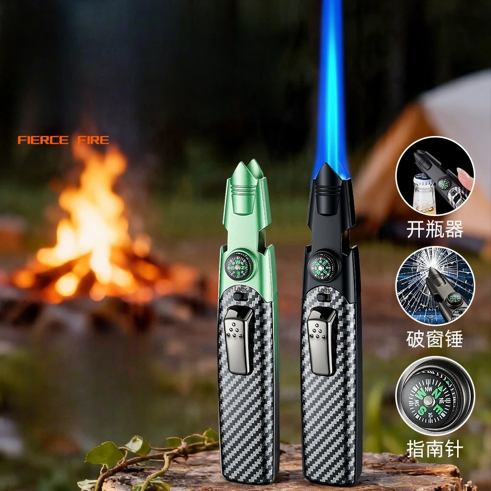 Multi-Function Butane Torch Lighter,Blue Jet Flame with Compass, Bottle Opener & Window Breaker,Windproof Refillable Gas Lighter