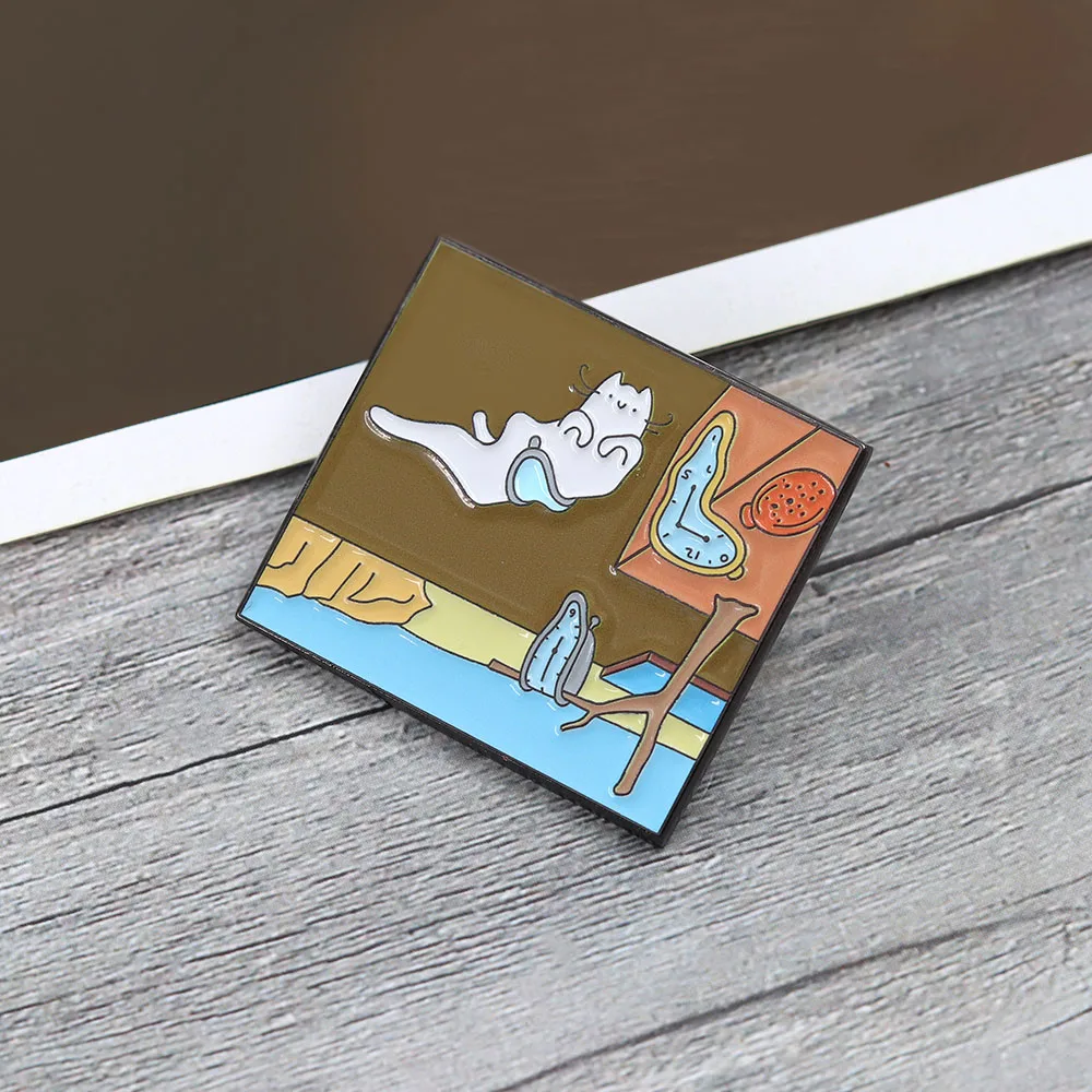 Melting Clock Cat Brooch Classic Paintings Derivative Work Badge Surrealist Fun Collection Enamel Pin Artistic Peripheral Gift