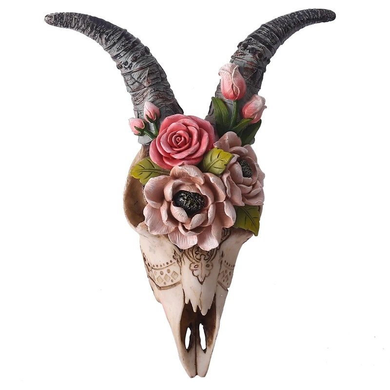 

Flower Goat Resin Skull Statue Wall Pendant Retro Animal Sheep Horns Sculpture Figurines Courtyard Home Decors Hanging Ornaments