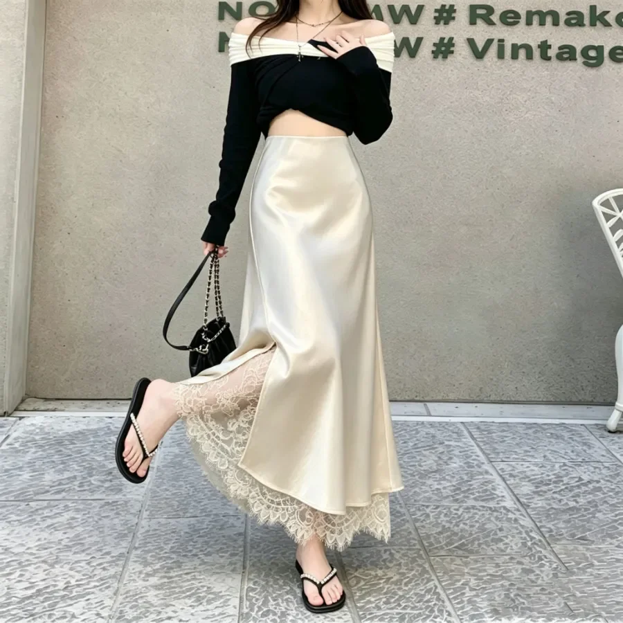 Elegant High Waist Fish Tail Skirt Women's Lace Splice Split Slimming Half Skirt Breathable Skin-Friendly Fitted Youth