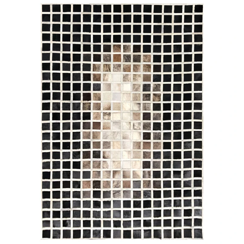Black White Plaid Living Room Carpet Geometric Handmade Bedroom Bedside Rug Simple Large Sofa Coffee Table Mat Real Cowhide