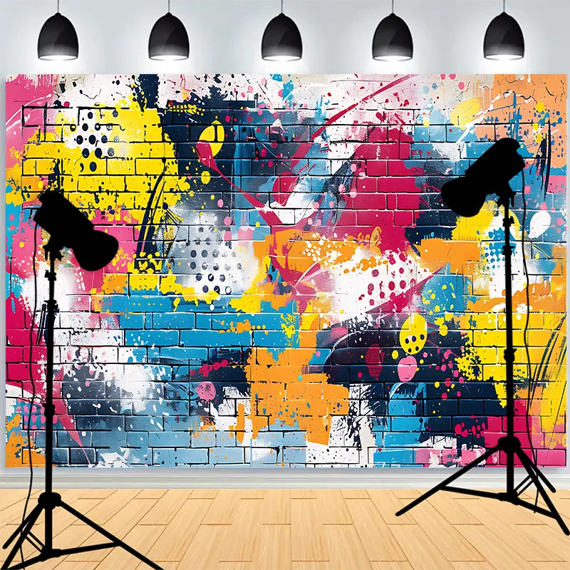 

Graffitistyle Rainbow Painted Brick Wall Background Damaged Rustic Texture Vibrant Grunge Photography Backdrops BK-08