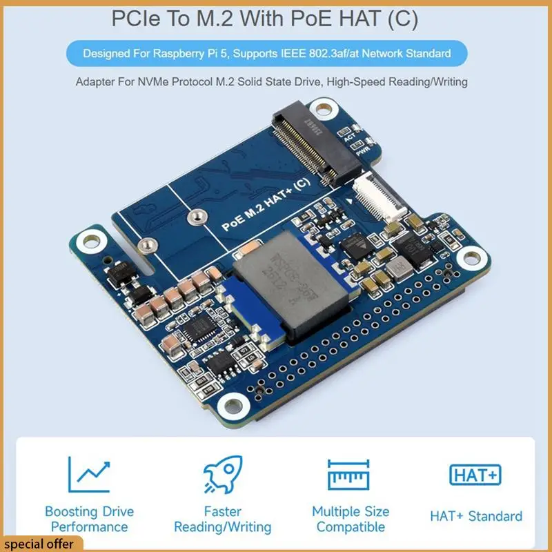 

A68Z POE M. 2 адаптера HAT+ с Raspberry Pi 5, поддерживает высокоскоростное считывание протокола Nvme M. 2 Функция твердотельного накопителя