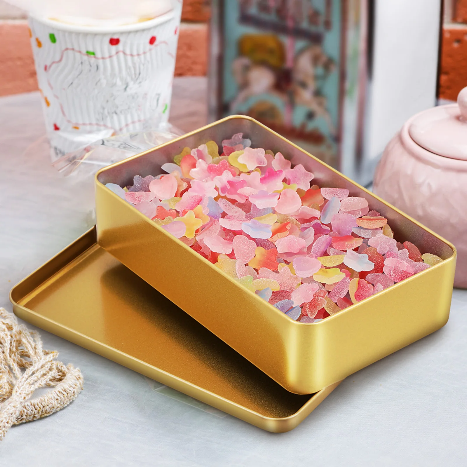 

3pcs Golden Tin Storage Boxes Rectangular Large Size with Lid Tinplate Containers Home Organization Ideas Snack Holder