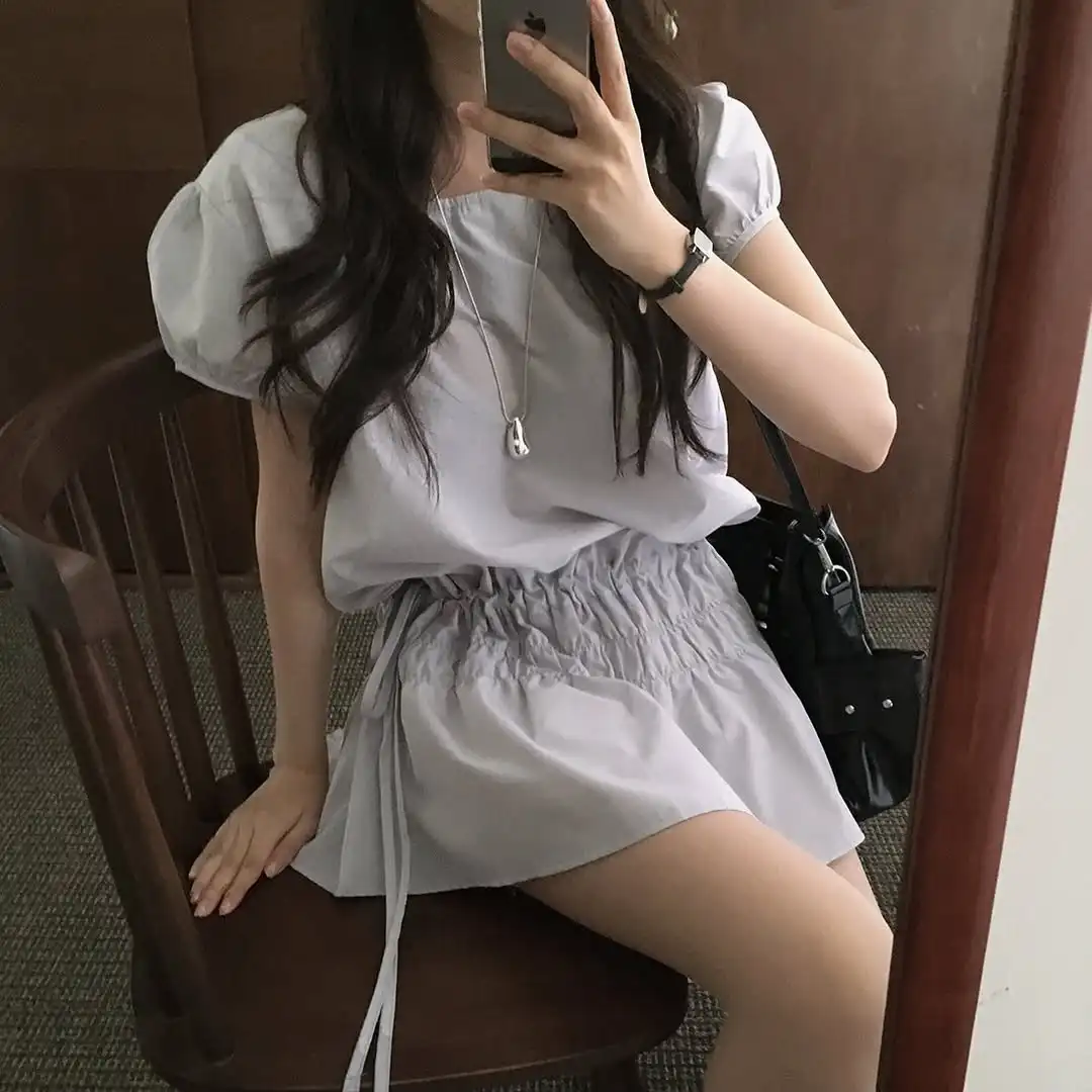 Retro Elegant Casual Bubble Sleeve Dress with Drawstring Elastic Waist Design High Waist Short Skirt Commute Style Ladies' Dress