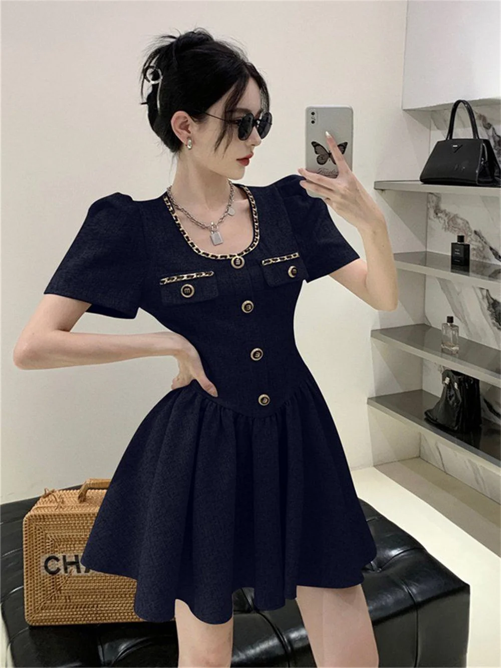 2024 summer fashion women's French temperament bubble short-sleeved dress women's senior sense waist tufty skirt dress