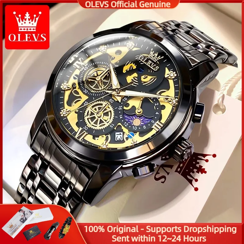 

OLEVS 9947 Мужские часы Элитный бренд Кварцевые часы из нержавеющей стали Водонепроницаемые скелетон Стиль 24 часа День Ночь Спортивные мужские часы