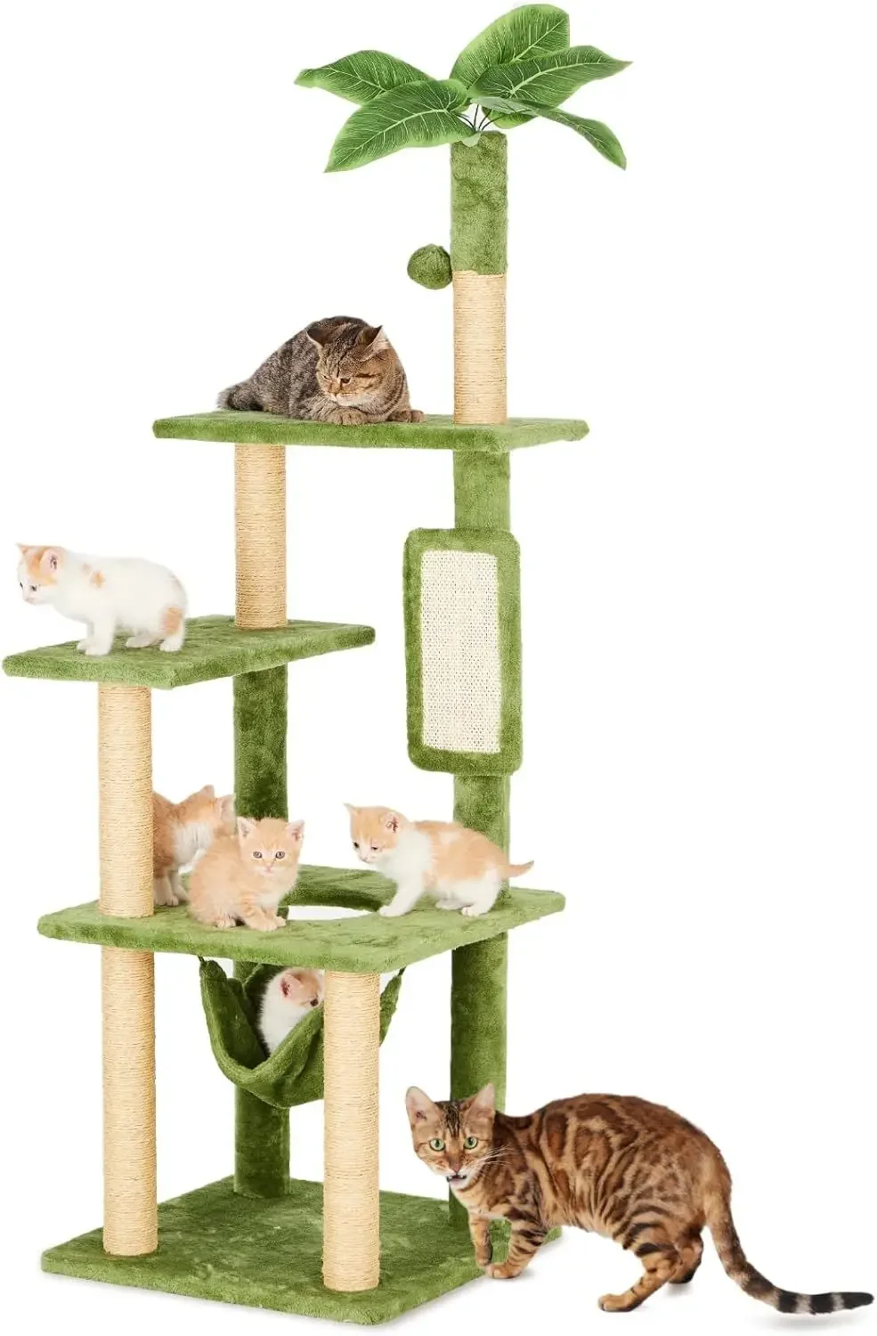 55-inch indoor green leaf cat tree multi-story large cat tower indoor cat belt hammock plush cat house toy green