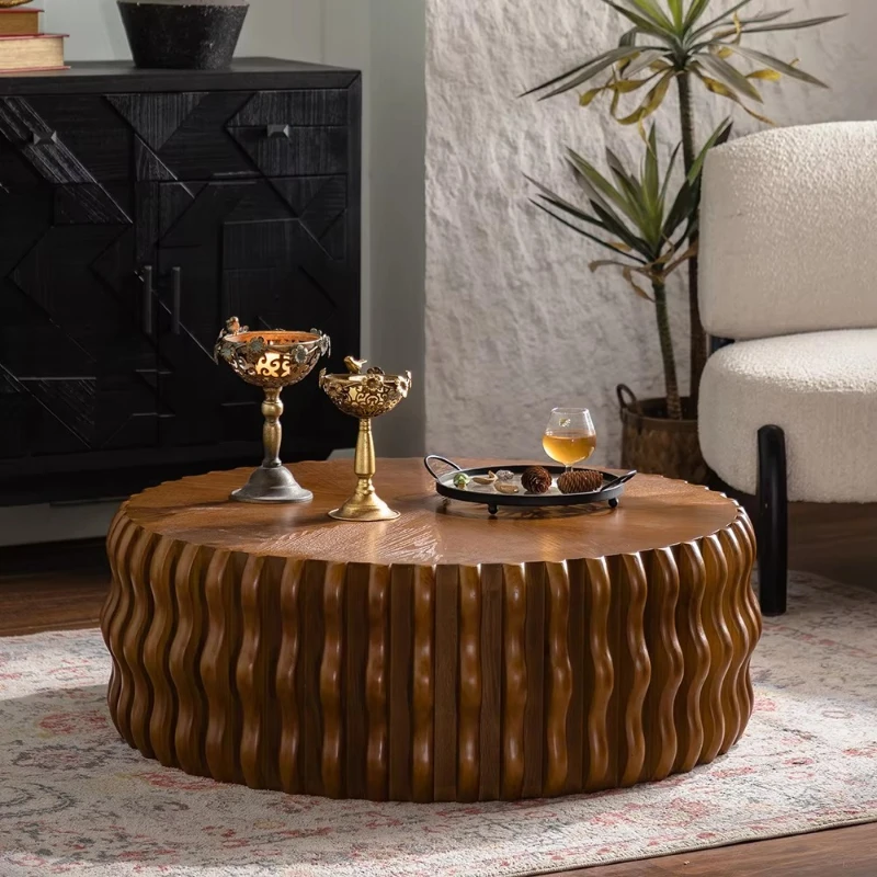 37.4 inch wavy round coffee table solid wood, modern style groove drum center table, suitable for living room apartment