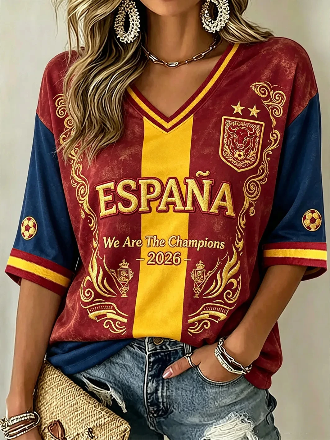 T-shirt imprimé pour femme Espagne We Are The Champions 2026 – Célébrez l'Espagne – T-shirt culturel de football espagnol