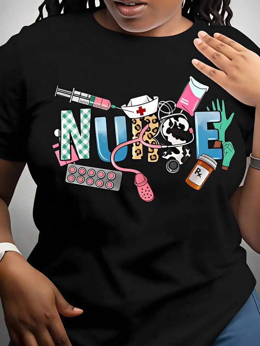 Nurse, Women's T-Shirt, Medical Theme With Syringe And Stethoscope, Pure Cotton T-Shirt, Casual Wear For Spring And Summer, Perfect For Nurses Week Or