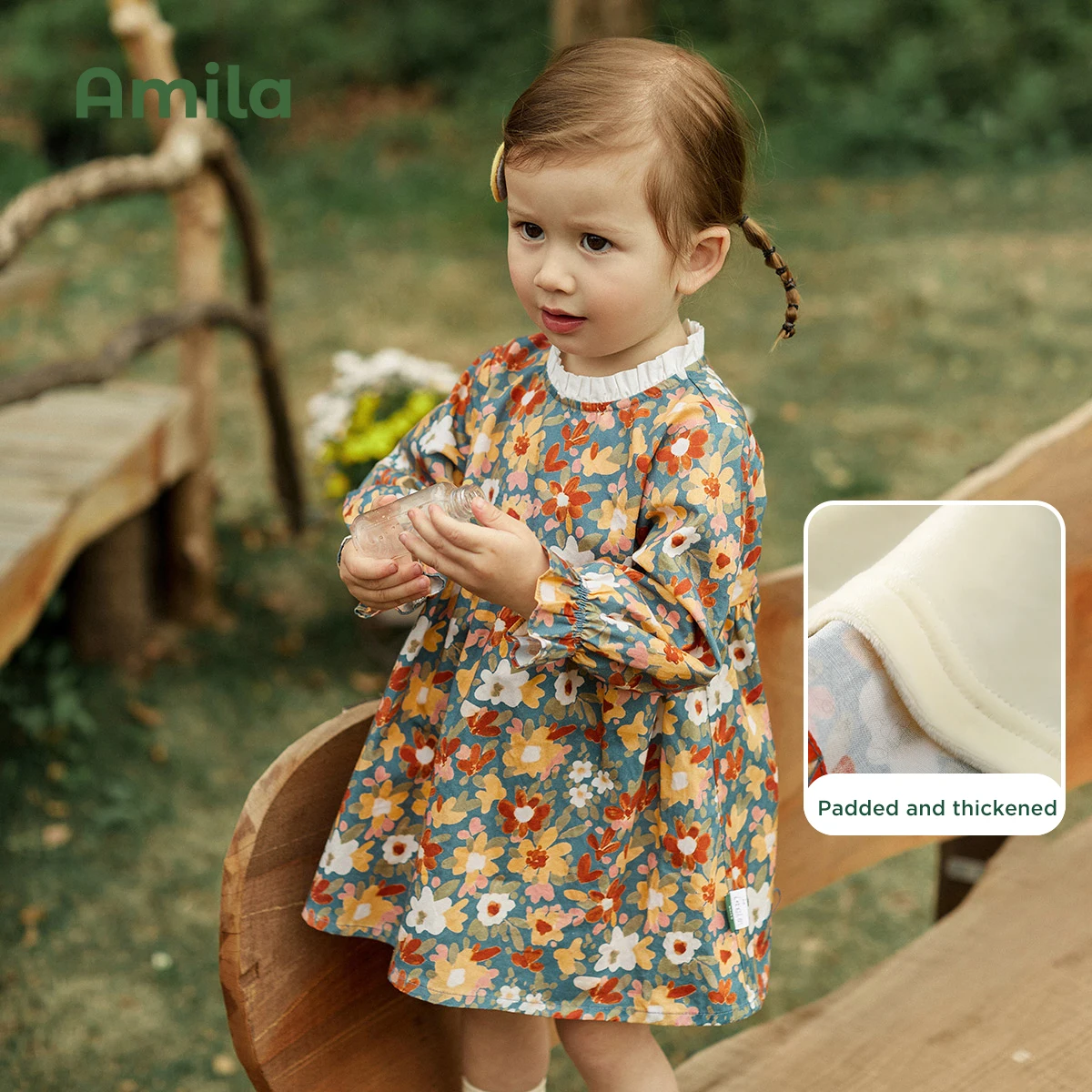 Amila Baby Girl Dress 2022 Autumn  Winter Baby Girls New Long Sleeves A-Line Skirt Plush And Thicken Warmth Flower Clothes