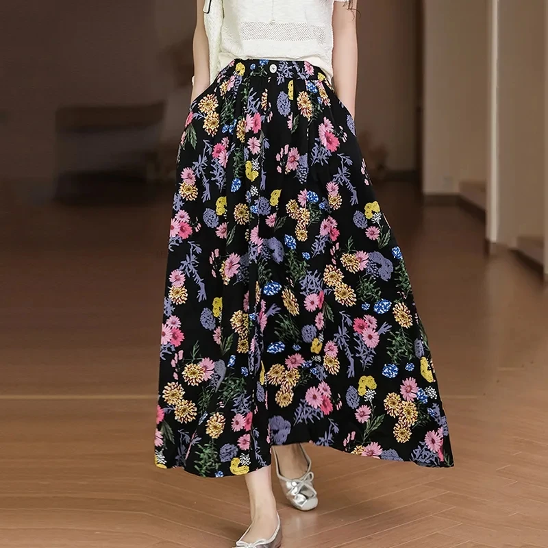 

Retro Slim Floral Skirt, for Women Clothing, 2024 Spring Autumn New Loose Elastic High Waist A-line Wrap Skirt, Summer Skirts