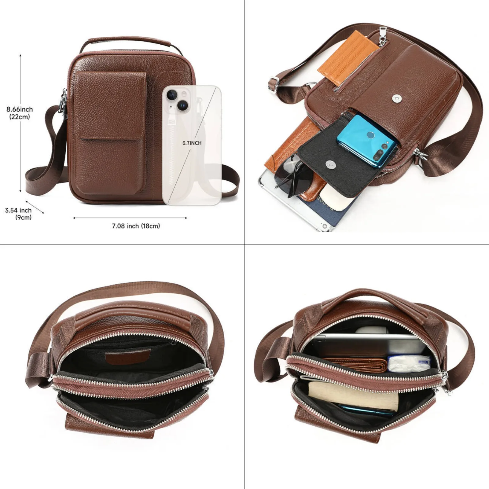 حقيبة كتف ساعي البريد للرجال حقائب يد كاجوال جلد طبيعي صغير حقائب كروس للرجل 2025 حبال الأعمال الزوج الأسود #5