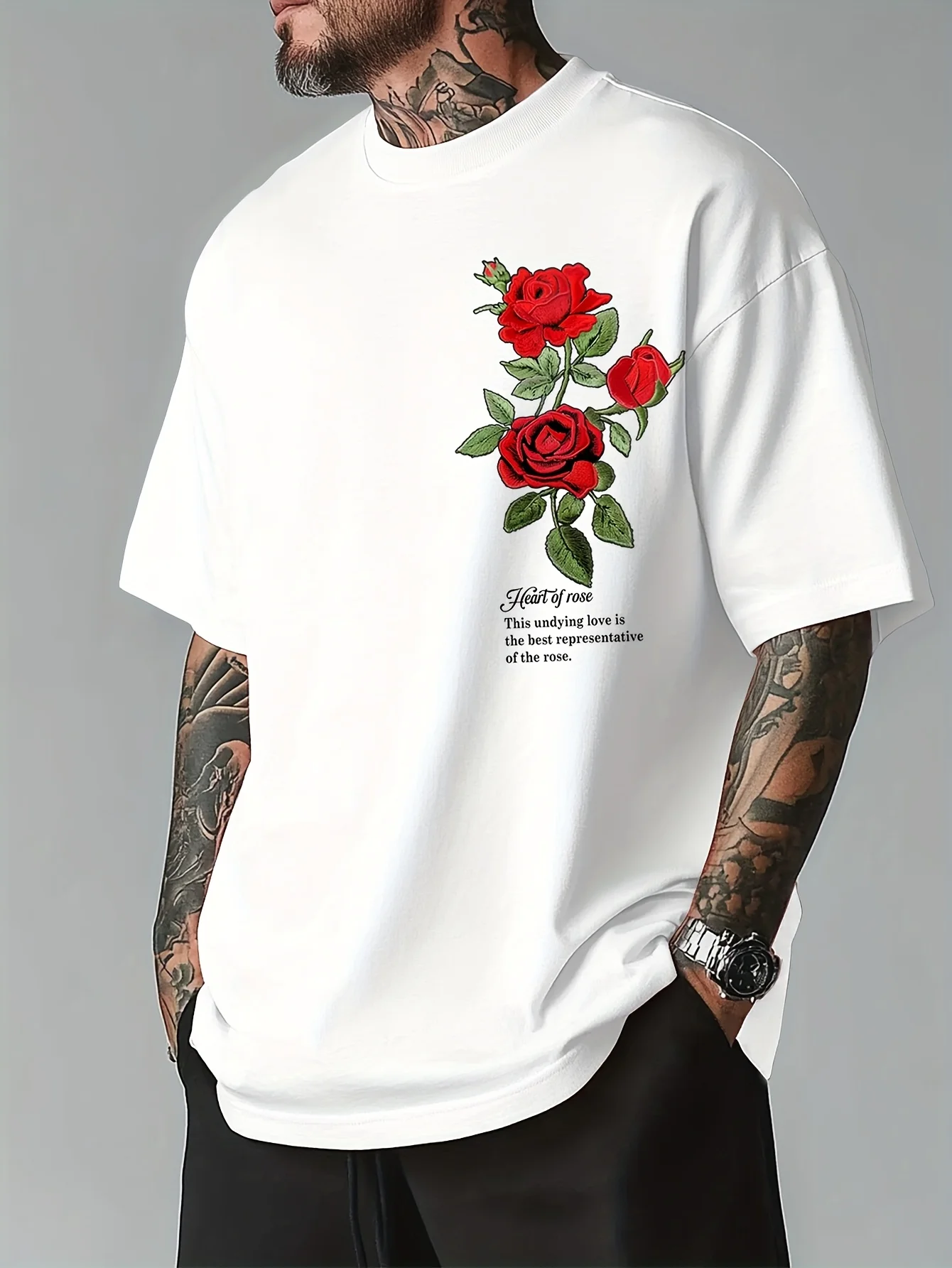 

Роза с имитацией вышивки и текстурой, принт спереди, мужская футболка, топ с короткими рукавами, уличная одежда