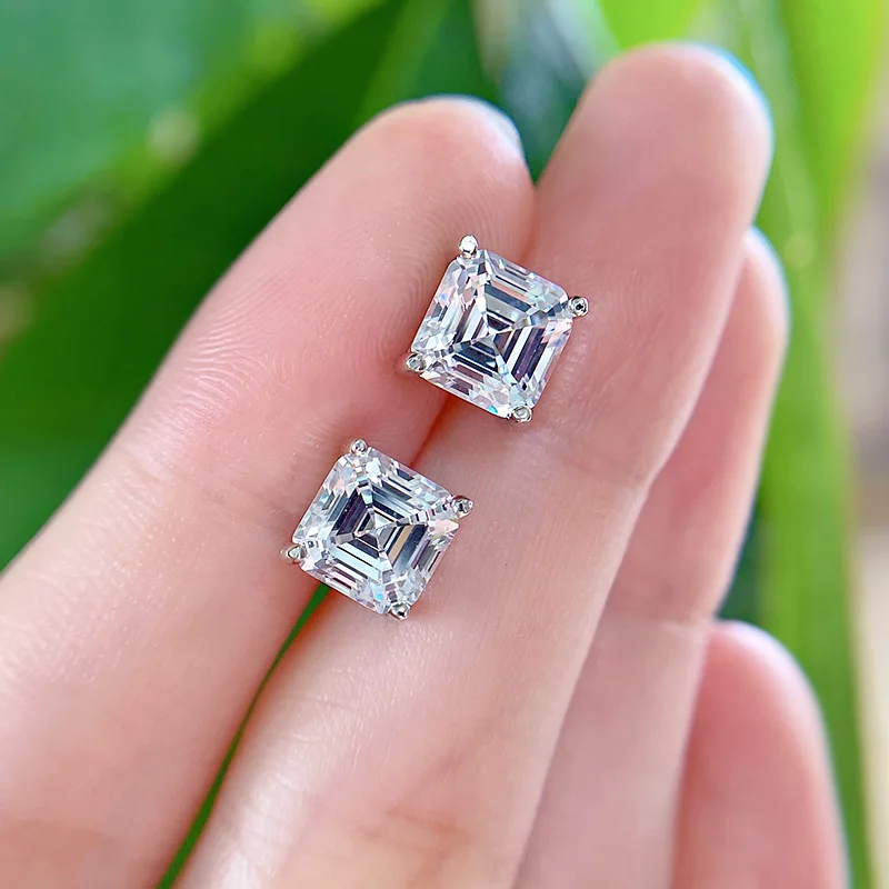 Classics 925 Sterling Silver Asscher Cut Created Moissanite Green Gemstone Wedding Simple Ear Studs Earrings Fine Jewelry Gift