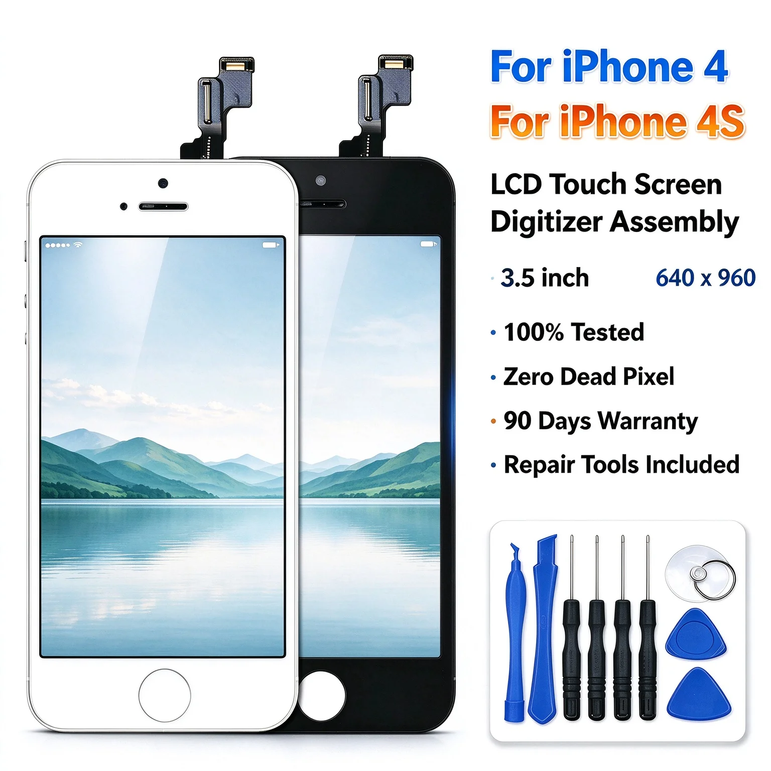 For iPhone 4 4S Replacement Display Black White LCD Touch Screen Digitizer Assembly 100% Pre-Tested With Repair Tool Set