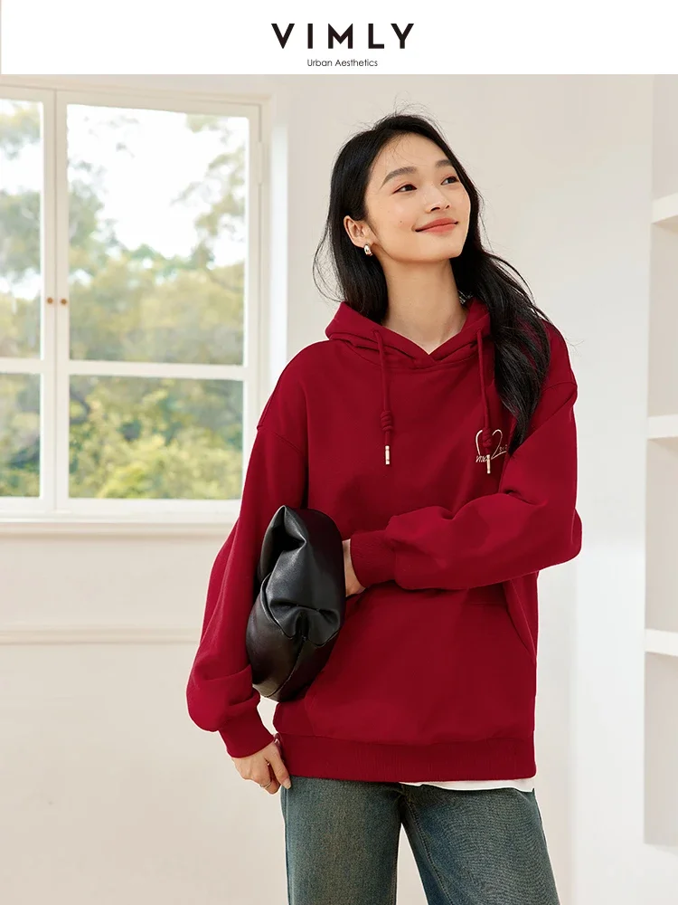 VIMLY Winter Women Fashion Hoody Sweatshirt Office Lady Embroidery Love Heart Knit Loose Long Sleeve Simple Casual PulloverM8722