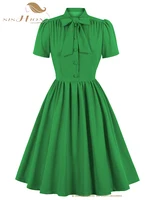 SISHION Tie Neck Button Up 50S Pinup batas plisado Swing vestido Vintage verano azul elegante Retro señoras vestidos de mujer SD0081