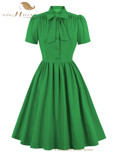 SISHION Tie Neck Button Up 50S Pinup batas plisado Swing vestido Vintage verano azul elegante Retro señoras vestidos de mujer SD0081