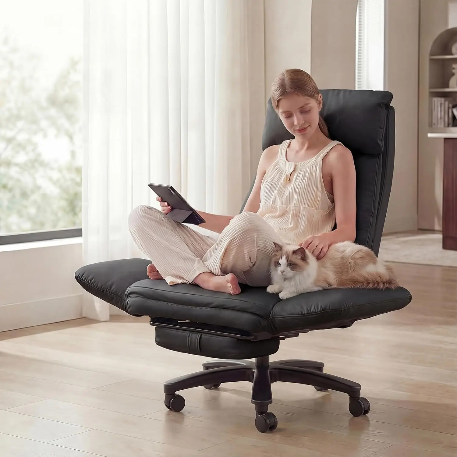 Cross Legged Office Chair Pet Friendly Wide Seat Plus Size Desk Chair With Foot Rest Reversible Armrest, Black, Customized