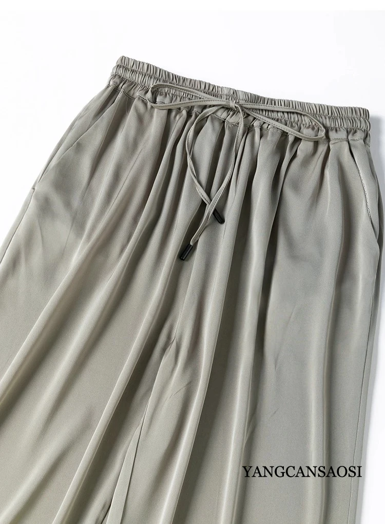 Vertical Naked Feeling 93% Natural Mulberry Silk Elastic Double Qiao Satin Elastic Waist Women's Fashionable Wide Leg Pants