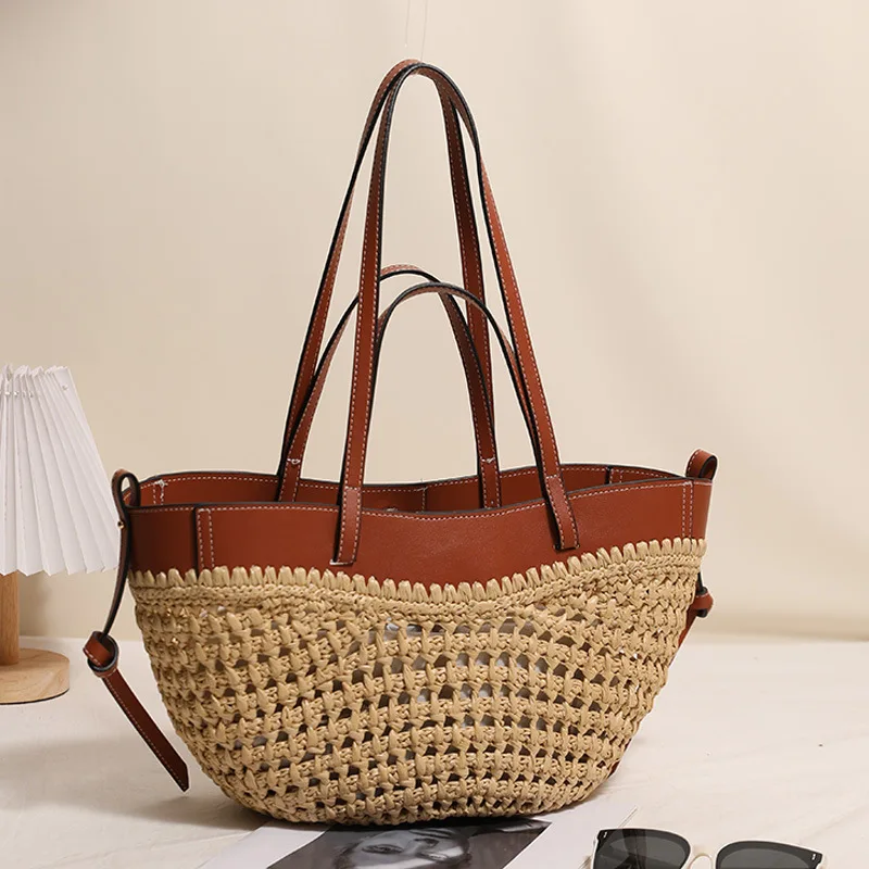 European and American hollowed out grass woven bag, new hand-held vegetable basket bag, fashionable woven bag, vacation bag