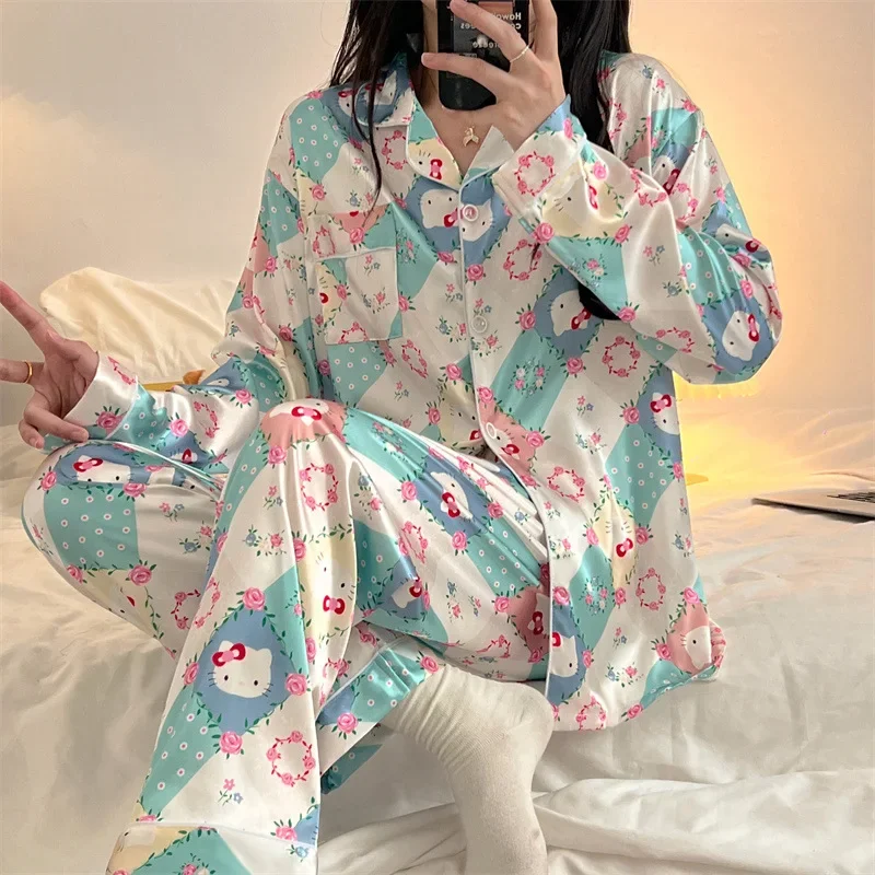 Sanrio Hello Kitty Pajama Set Women Loose Comfortable Long Sleeve T-shirt Cute Cartoon Home Clothes Kawaii Gift 2pcs 1set