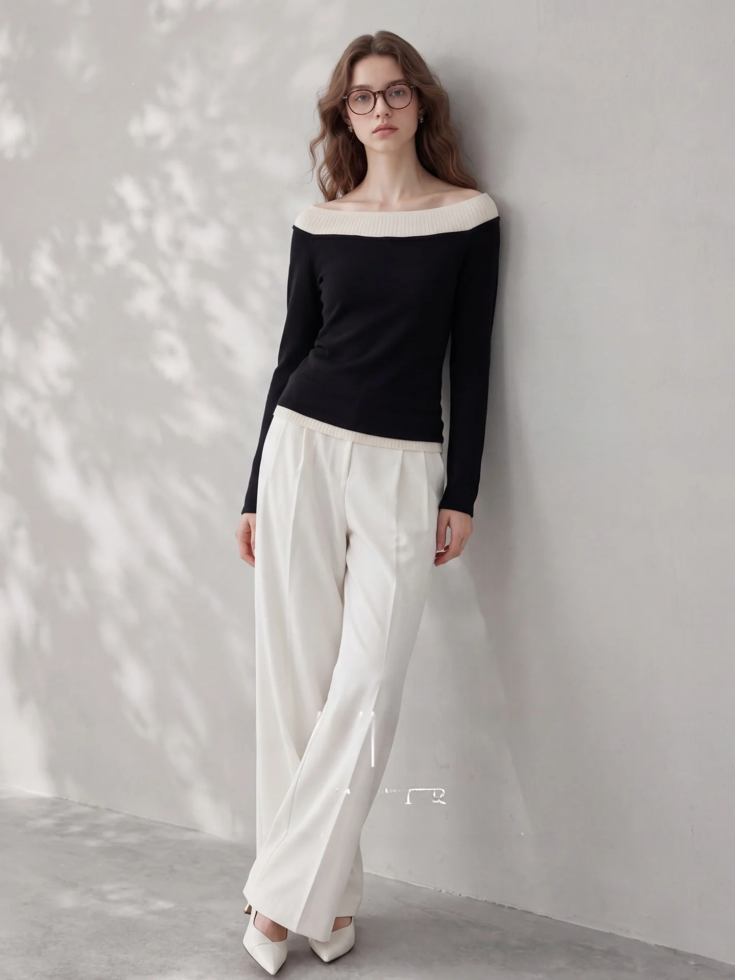 HUAAPPUW Black White Splice Shoulder Bared Color Block Knitted Top Slimming Base Layer Shirt Autumn 2026 Simple Style Medium ...