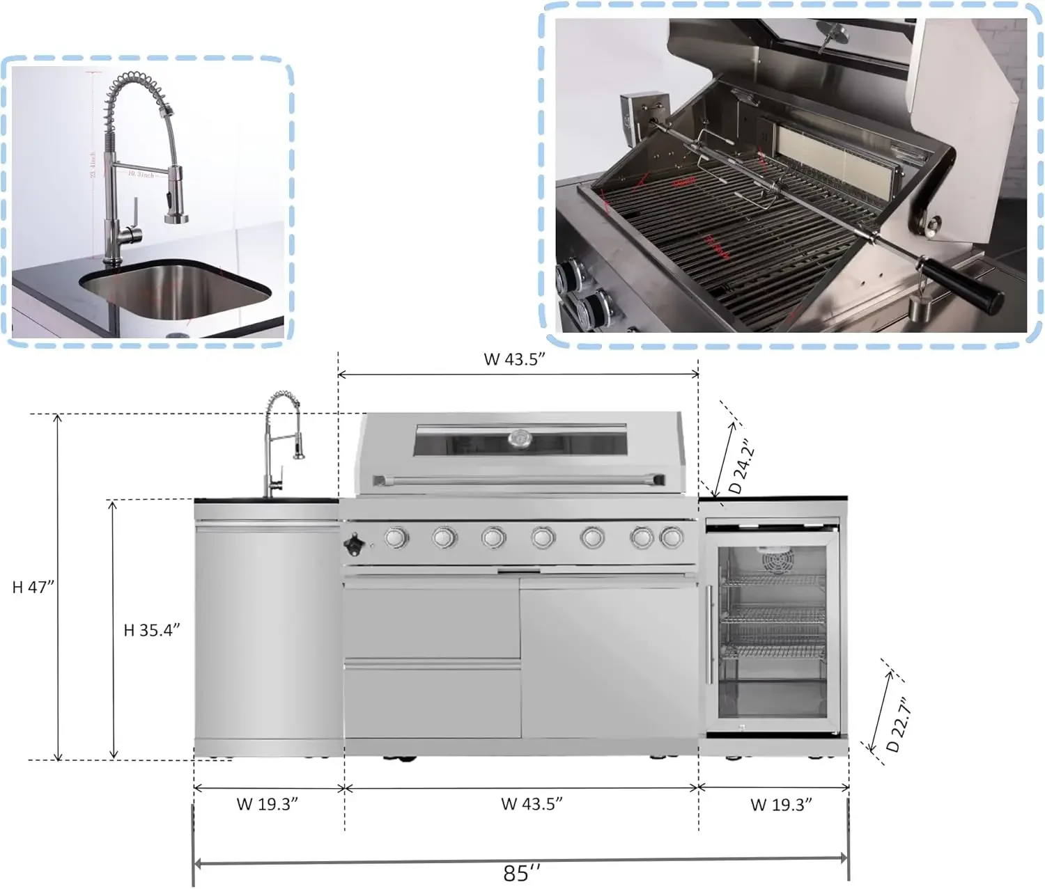 Modern Stainless Steel Outdoor Kitchen Island Gas Grill Silver Sink Beverage Refrigerator Iron Trolley High Propane