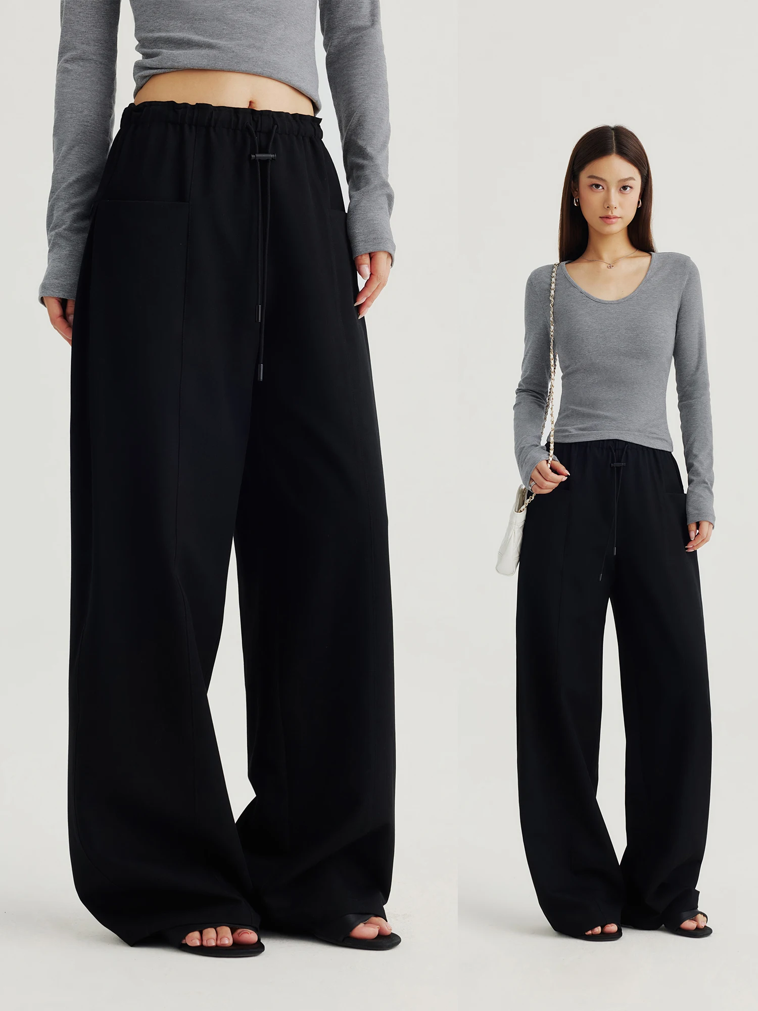 

NEVA HU Black Drawstring Loose Straight Leg Casual Pants Women High Waist Drapey Wide Leg Pants Commute Long Pants